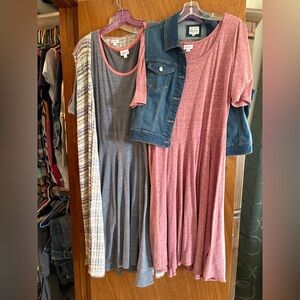 LuLaRoe Midi Dresses in Gray and Pink with Denim Jacket